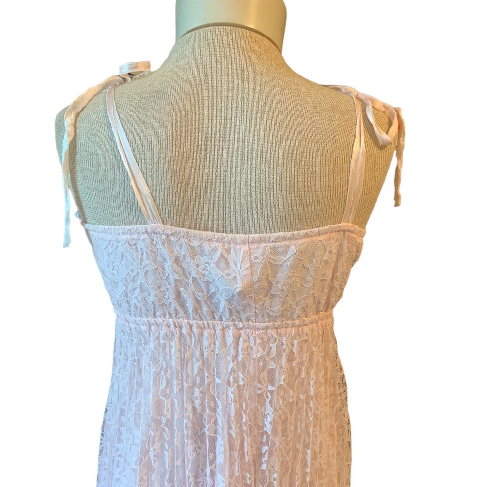 Vintage 70's Beautiful Pale Pink Pleated Lace Dress Ribbon Straps Cottage Core - Picture 8 of 10